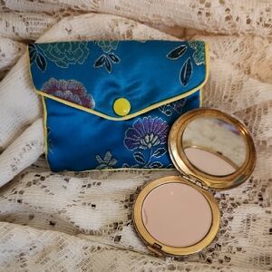 Vintage Small Round Metal Compact with Mirror in Silk Travel Pouch